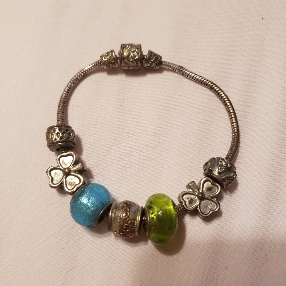 Pandora Like Silver Charm Bracelet w Colorful Beads St Patrick's Day Irish